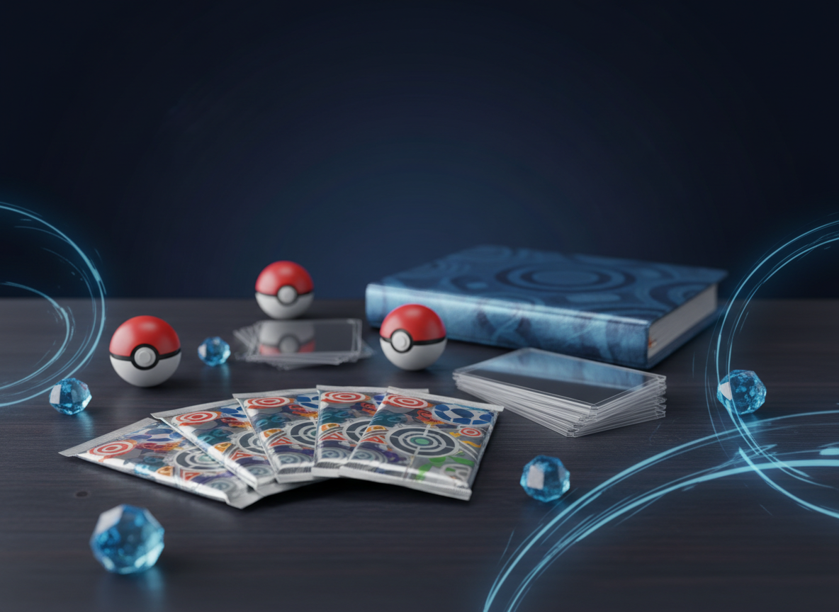 Förseglade Pokémon boosterpaket på ett samlarbord med pokébollar och kortfickor