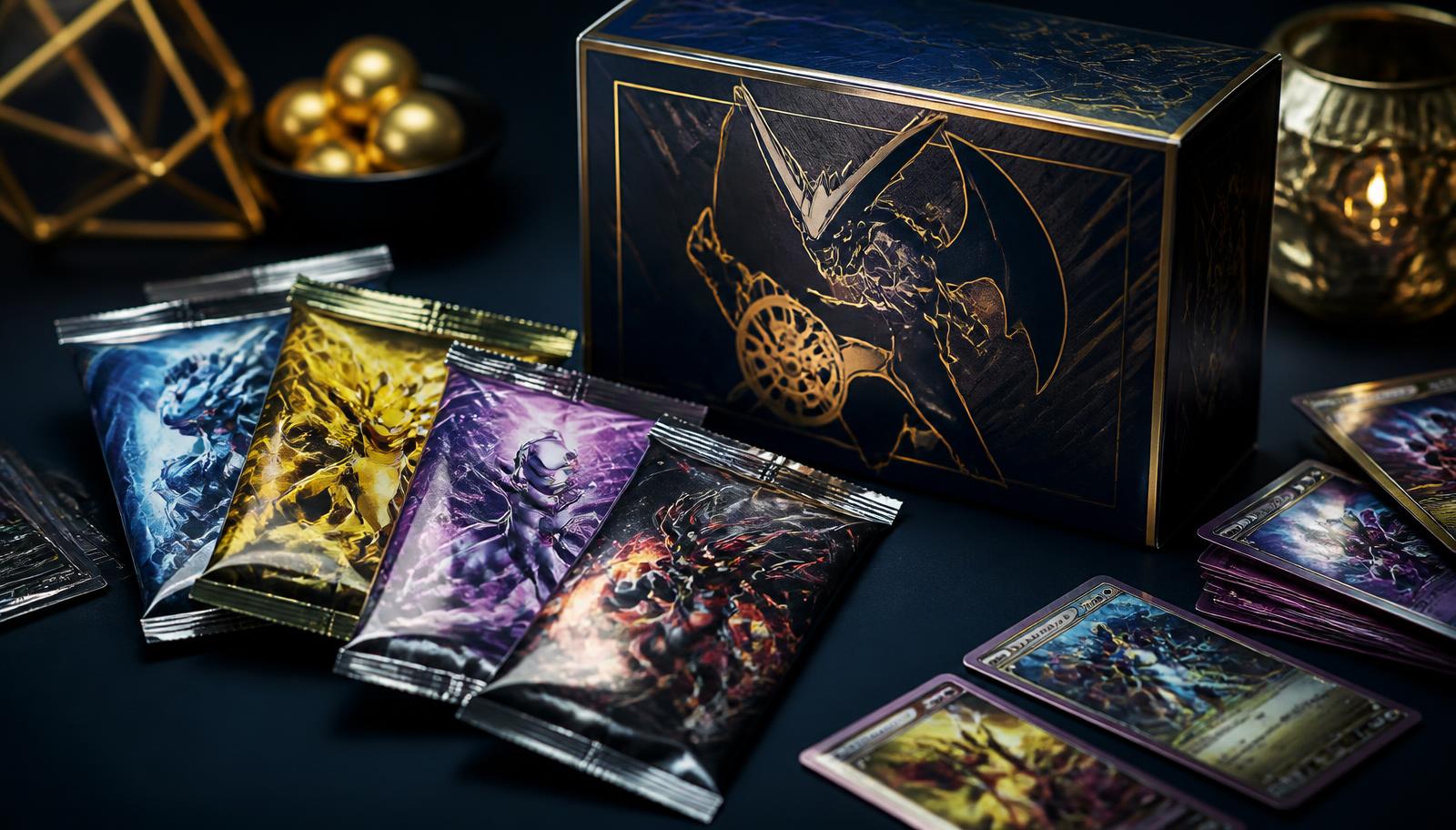 Förseglade boosterpaket och en booster box med samlarkort